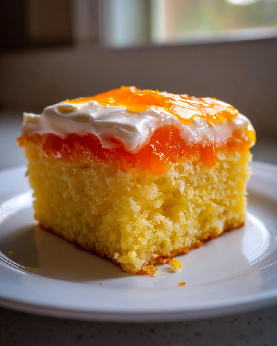 Close-up of a square slice of yellow Creamsicle Cake topped with white frosting and bright orange glaze.