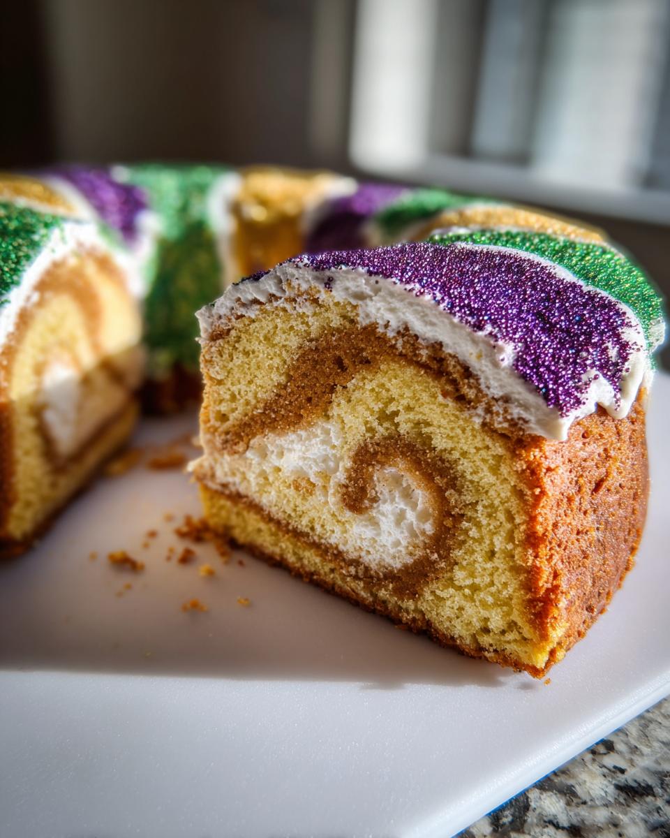 A close-up slice of a swirled king cake showing a cream filling, topped with white icing and purple, green, and gold sanding sugar.