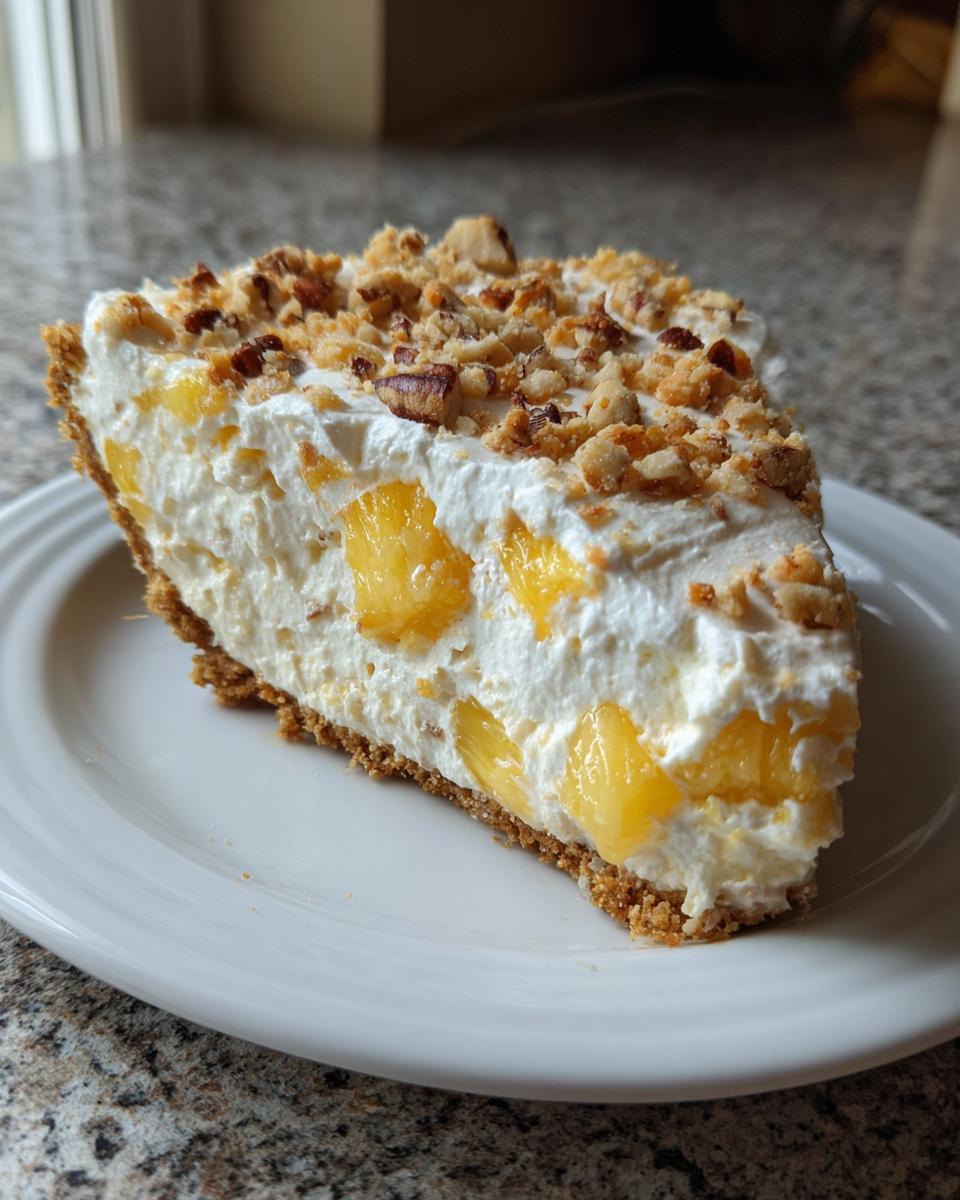 A thick slice of rich million dollar pie featuring a creamy filling with pineapple chunks, topped with chopped nuts.