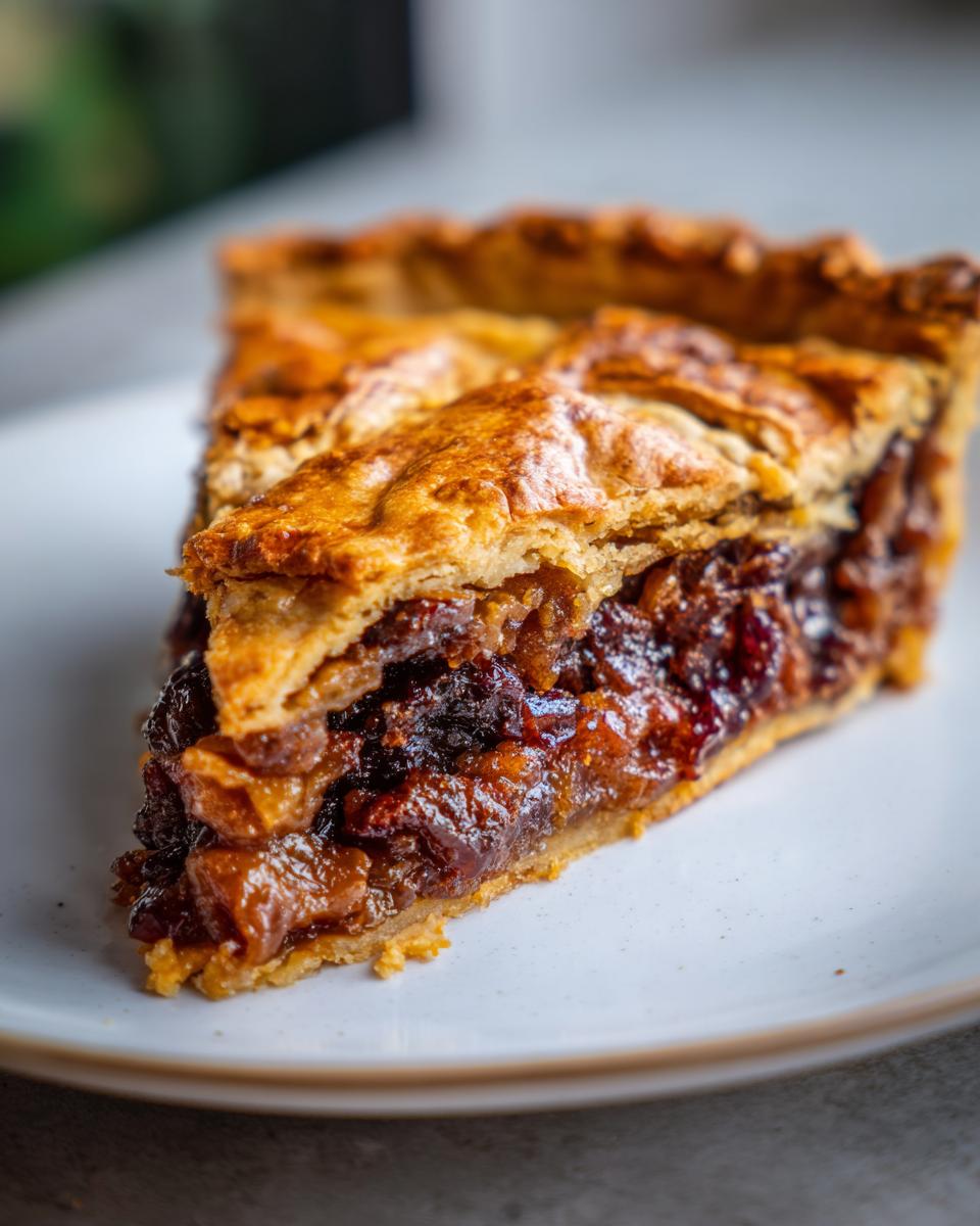 A close-up shot of a thick slice of mincemeat pie showing the rich, dark fruit filling and flaky golden crust.