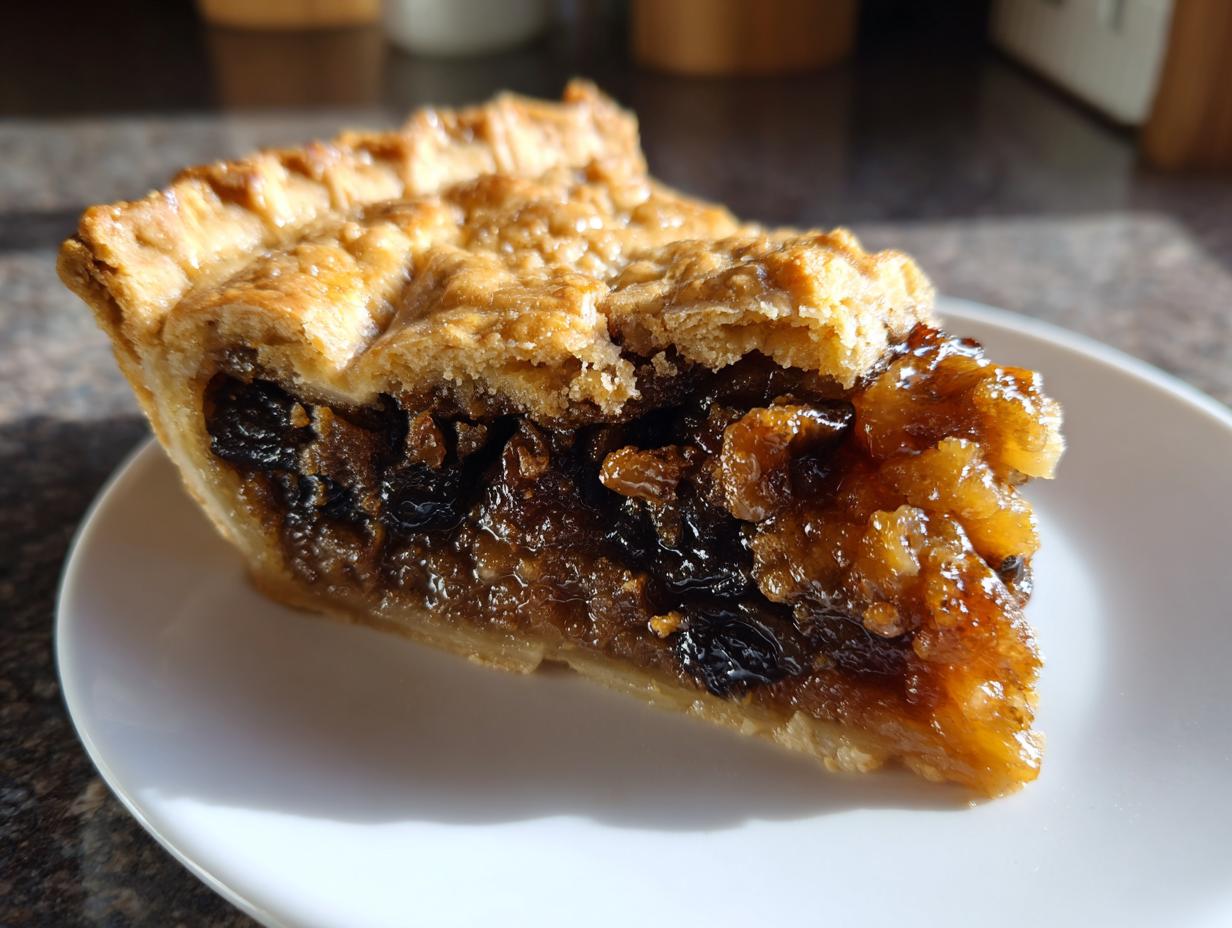 Close-up of a generous slice of mincemeat pie showing the dark, glistening fruit filling and golden, flaky pastry crust.