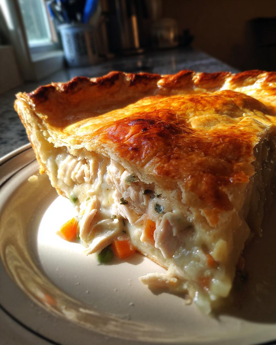 A close-up slice of a rich turkey pot pie recipe showing flaky golden crust and creamy filling with turkey chunks and vegetables.
