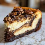 A close-up slice of turtle cheesecake featuring a brownie base, creamy filling, caramel swirl, and pecan topping.