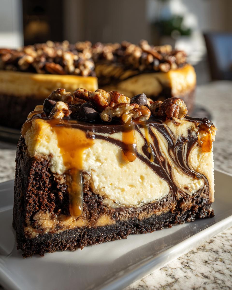 A rich slice of turtle cheesecake featuring a brownie crust, swirled filling, caramel drizzle, and pecan topping.