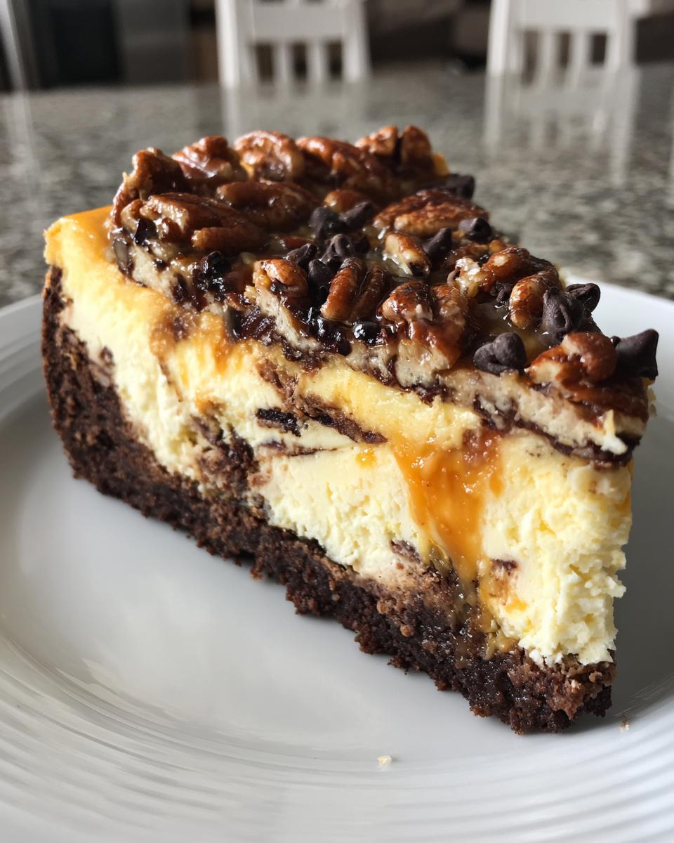 Close-up of a rich slice of turtle cheesecake featuring a dark crust, creamy filling, caramel drizzle, and pecan topping.