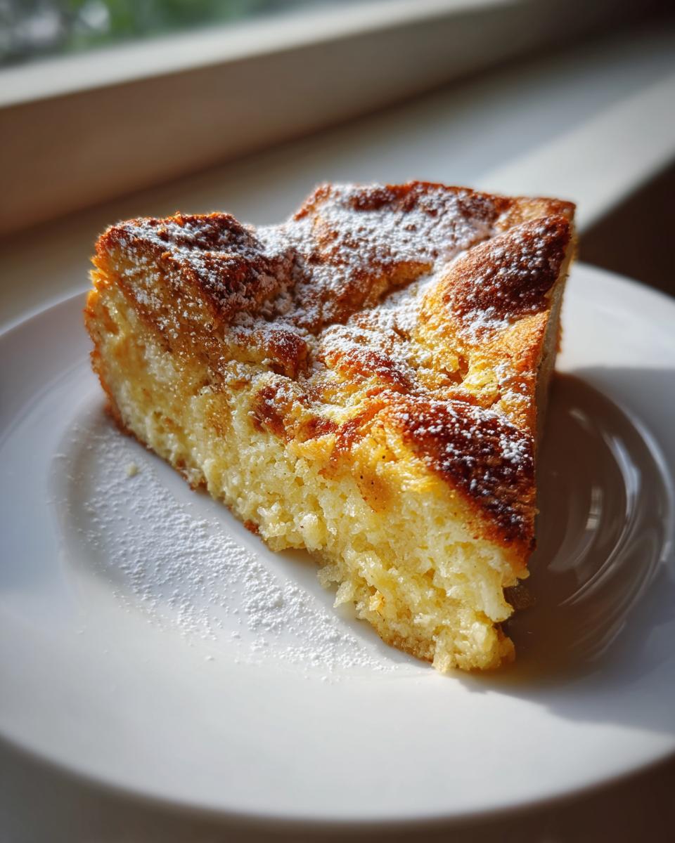 A golden slice of baked overnight french toast topped with powdered sugar on a white plate.