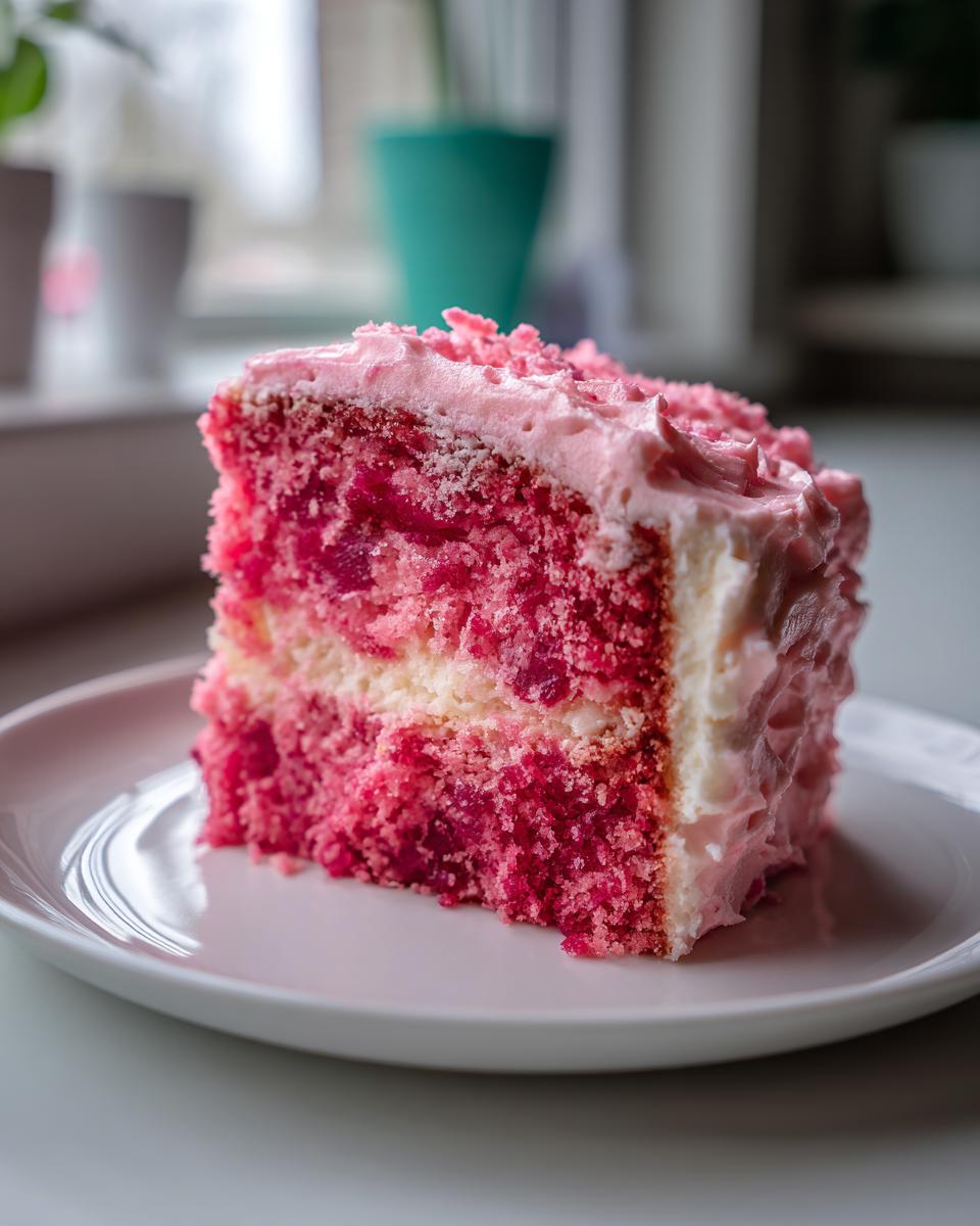 A close-up slice of vibrant pink cherry cake showing layers of cake and filling, topped with pink frosting.