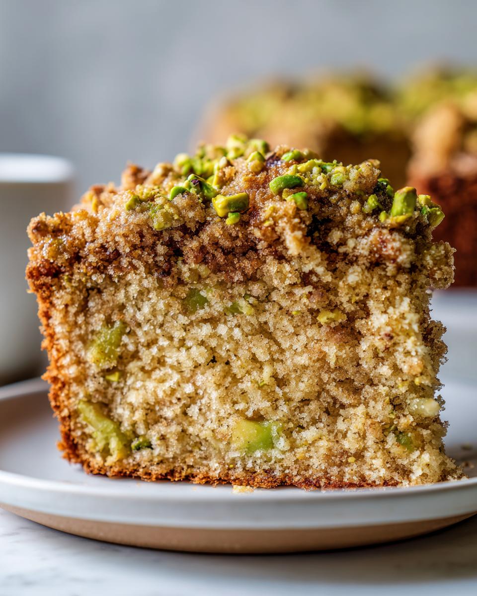 Close-up of a moist slice of pistachio coffee cake showing the crumb texture and green pistachio pieces, topped with a brown sugar streusel.