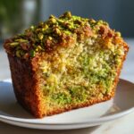 Close-up of a moist slice of pistachio coffee cake showing green pistachio swirl and crunchy topping.
