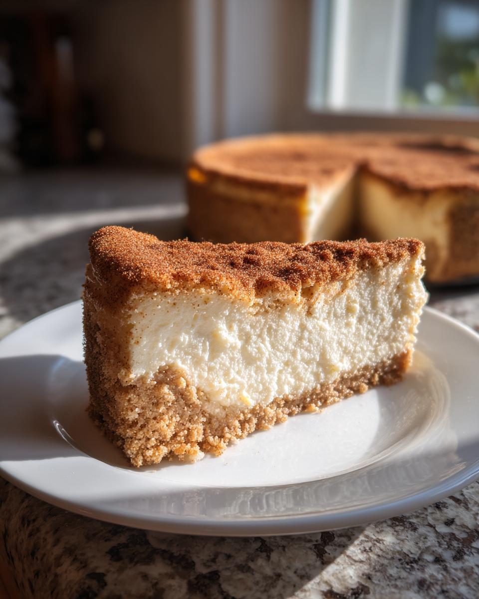 A close-up slice of creamy snickerdoodle cheesecake featuring a thick graham cracker crust and a heavy cinnamon-sugar topping.