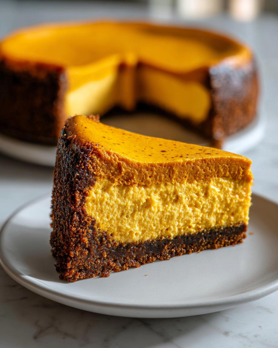 A thick slice of rich sweet potato cheesecake with a dark crust, served on a white plate.
