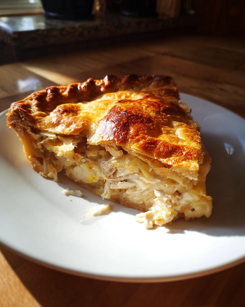 A close-up of a slice of hearty turkey pot pie recipe showing shredded turkey filling and a golden, flaky crust.