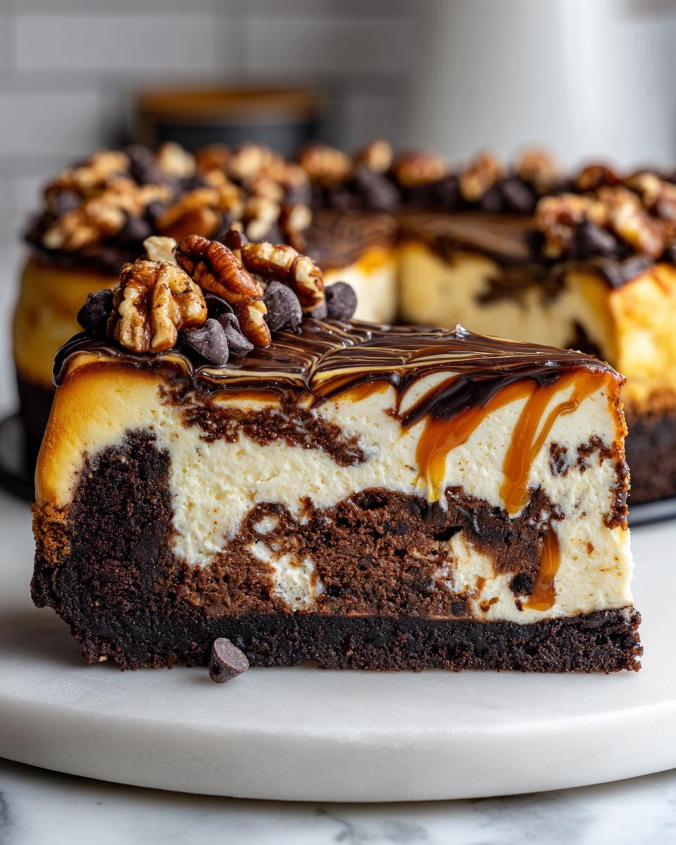 A close-up slice of turtle cheesecake featuring a brownie base, creamy filling, chocolate drizzle, caramel, and walnuts.