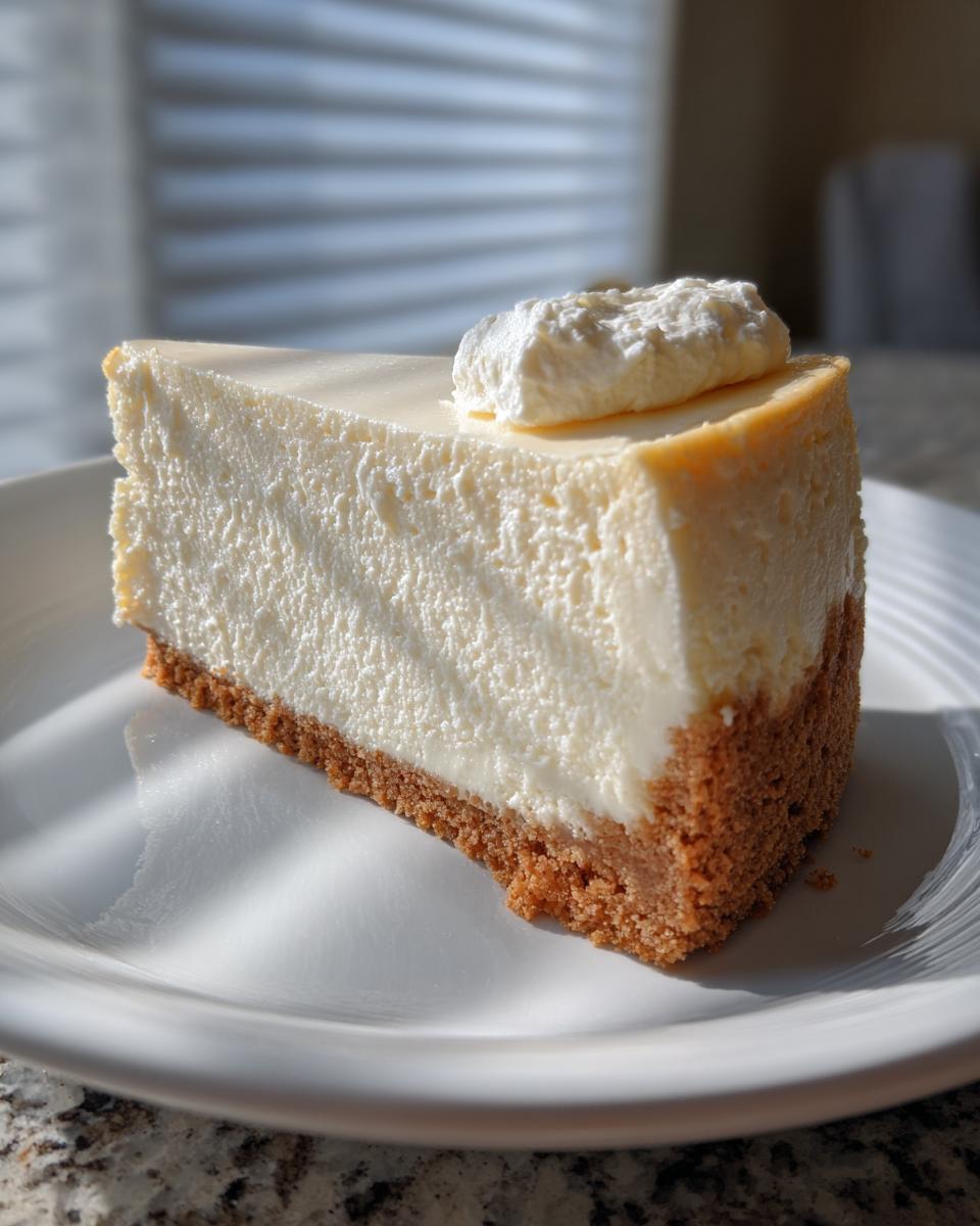 A thick slice of creamy white chocolate cheesecake with a graham cracker crust, topped with whipped cream.