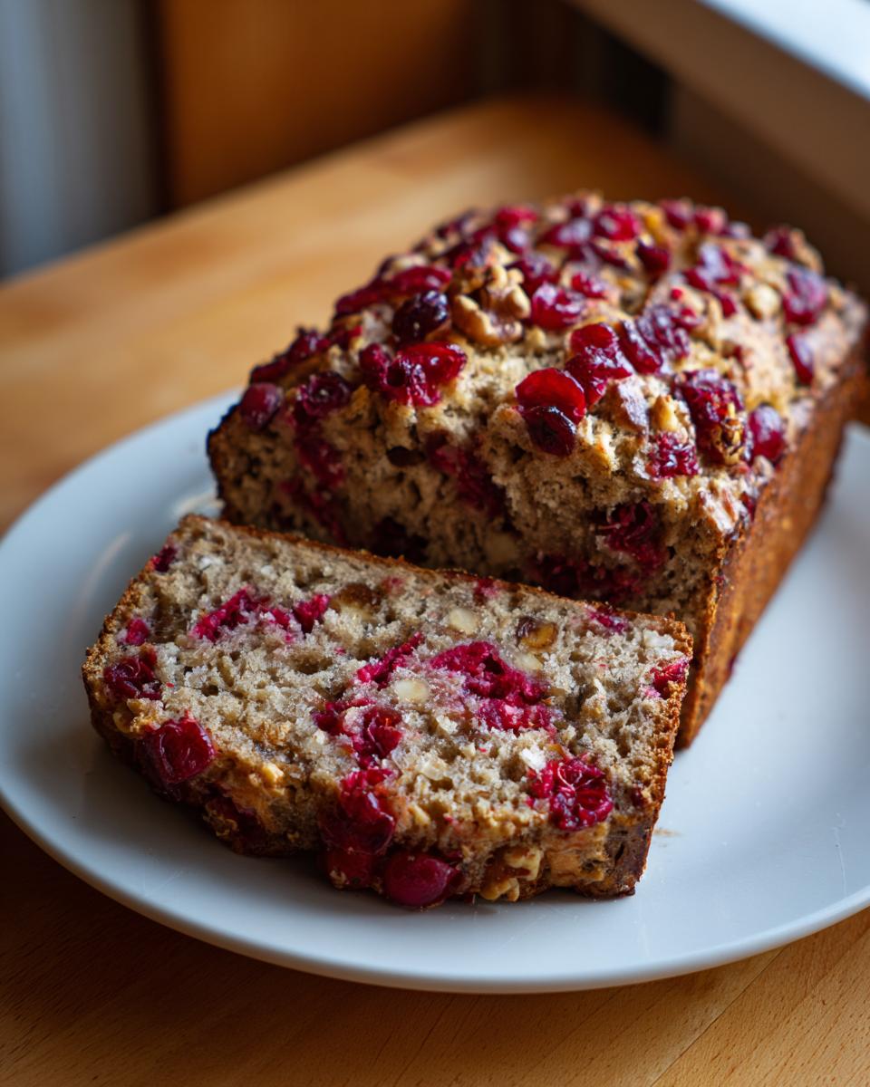 A loaf of freshly baked cranberry walnut bread, partially sliced, showing bright red cranberries and walnuts throughout the crumb.