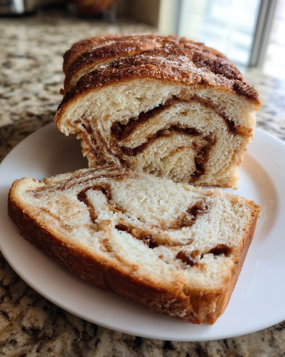 A loaf of freshly baked raisin bread, sliced to show the cinnamon swirl and raisins inside, resting on a white plate.