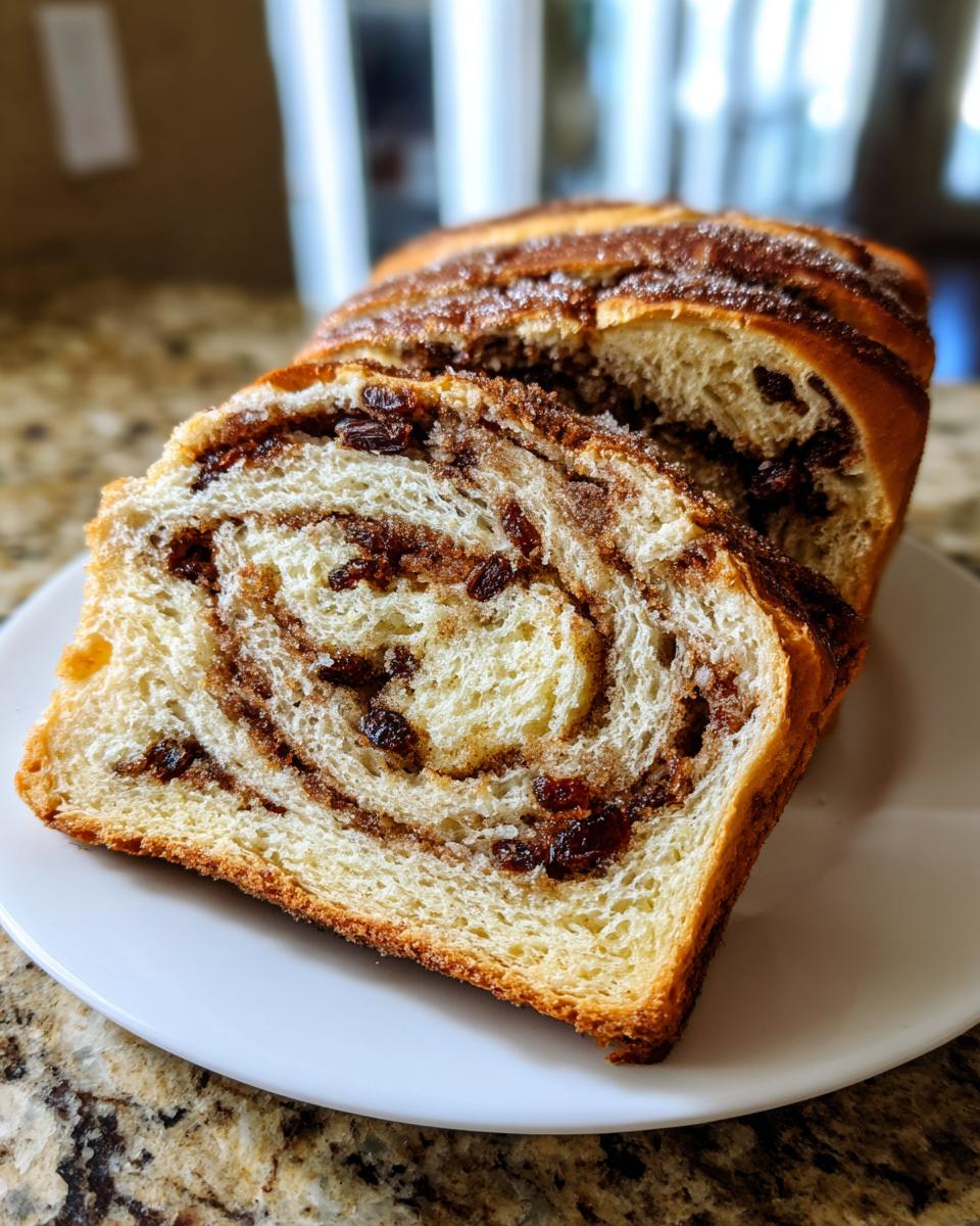 Close-up of two thick slices of homemade raisin bread showing a beautiful cinnamon swirl and plump raisins.