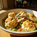 A bowl of creamy slow cooker chicken and dumplings topped with four golden, fluffy biscuits.