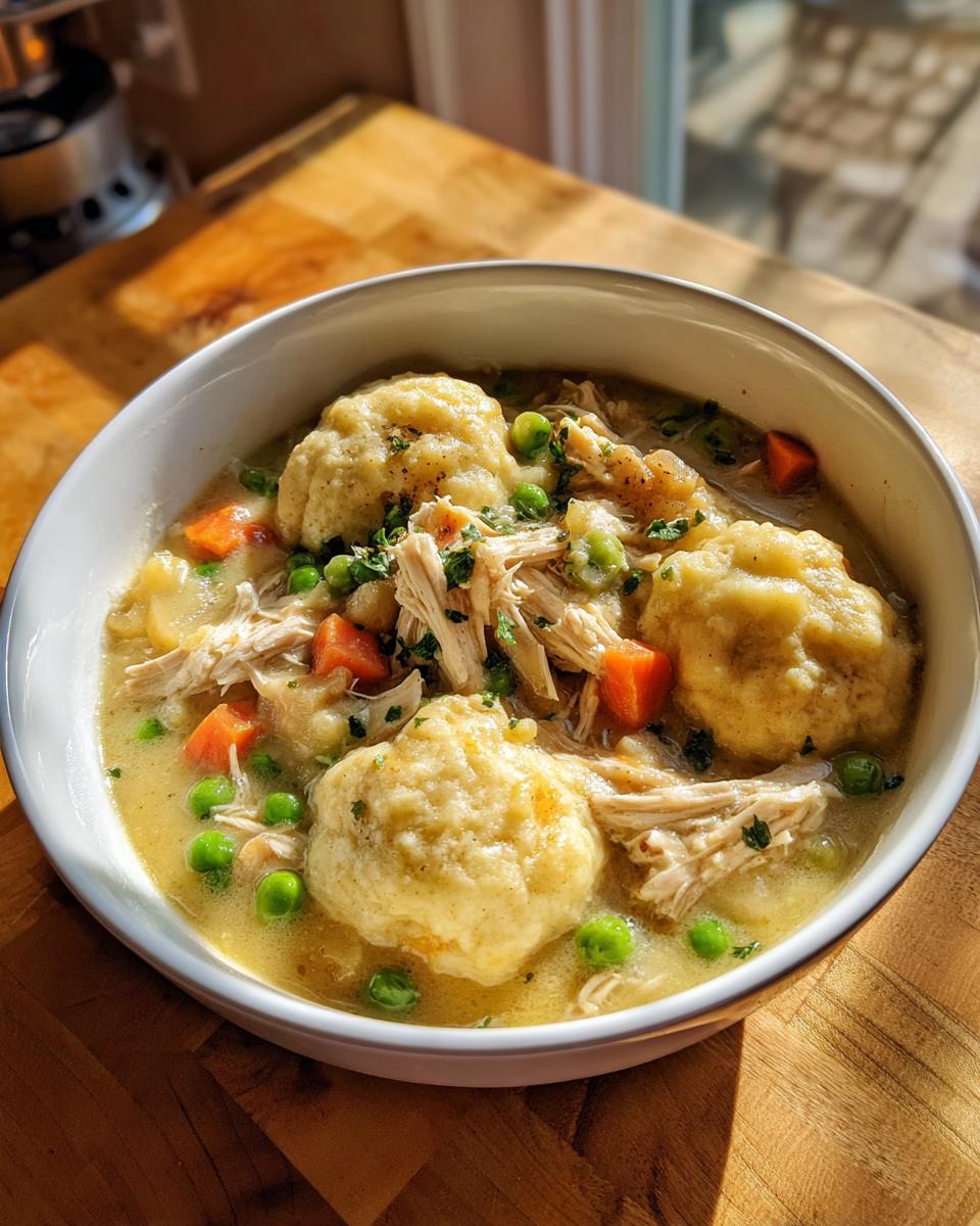 A close-up of a white bowl filled with creamy slow cooker chicken and dumplings, featuring shredded chicken, peas, and carrots.