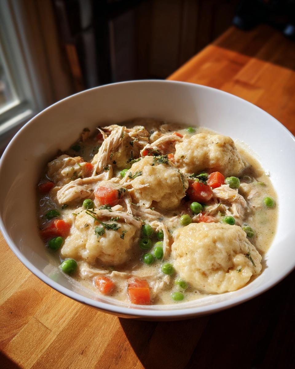 A white bowl filled with creamy slow cooker chicken and dumplings, featuring shredded chicken, peas, carrots, and topped with herbs.