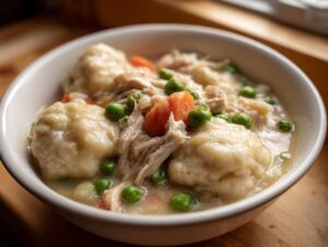 Close-up of a white bowl filled with creamy slow cooker chicken and dumplings, featuring shredded chicken, carrots, and peas.