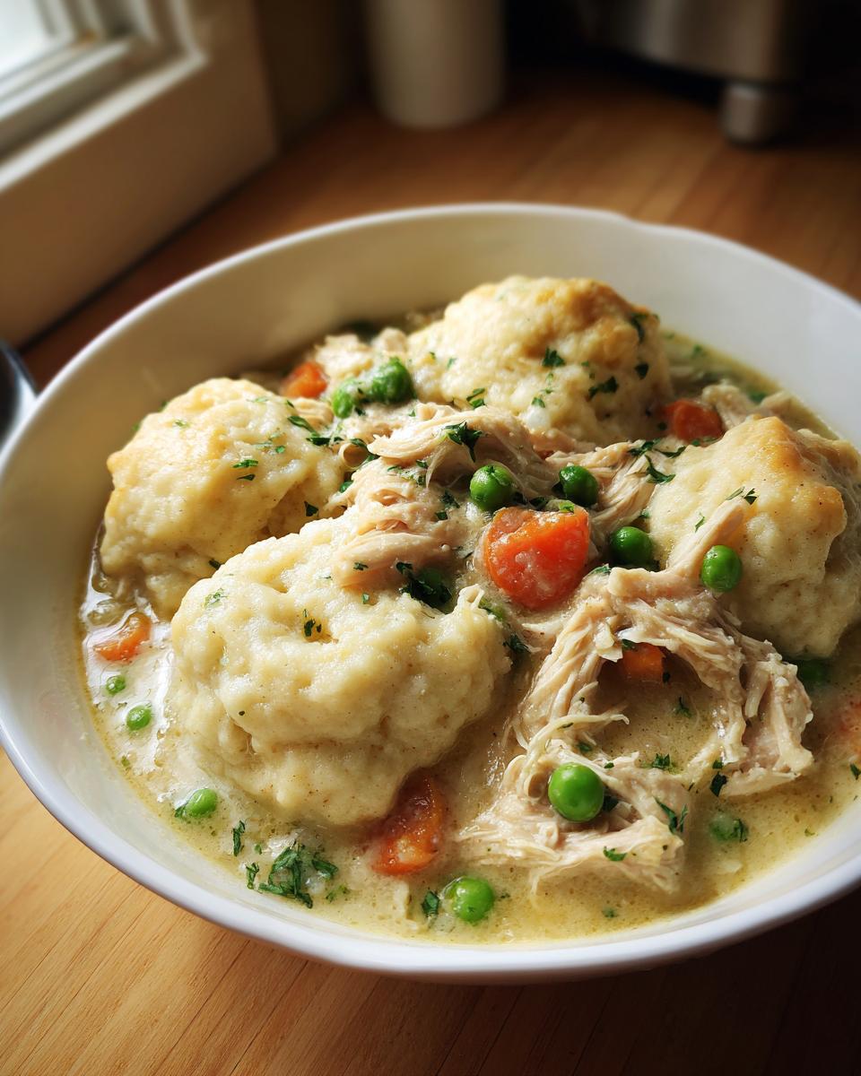 A close-up of a white bowl filled with creamy slow cooker chicken and dumplings, featuring shredded chicken, peas, and carrots.