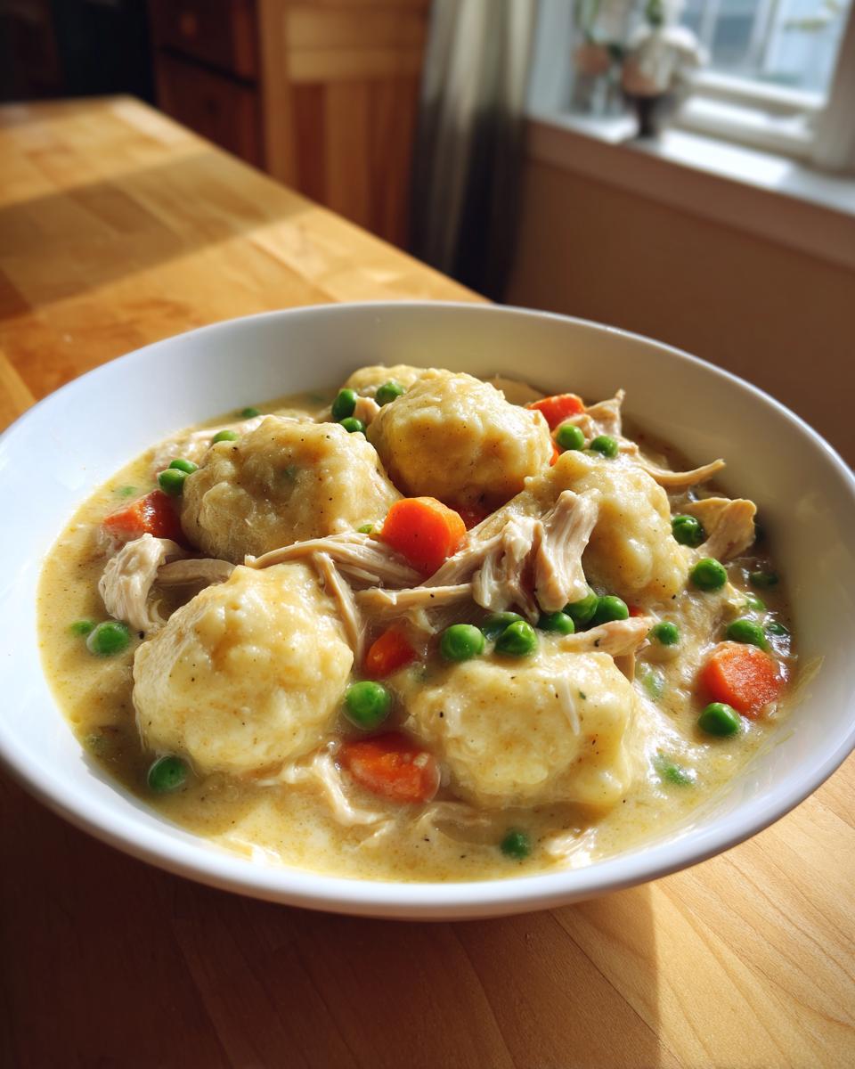 A close-up of a bowl of creamy slow cooker chicken and dumplings with carrots and peas, served on a wooden table.