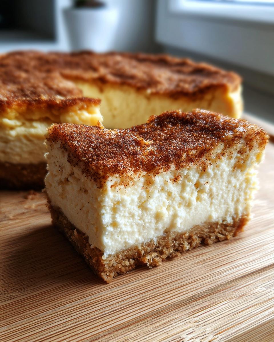 A close-up slice of creamy snickerdoodle cheesecake with a thick graham cracker crust and a generous cinnamon-sugar topping.