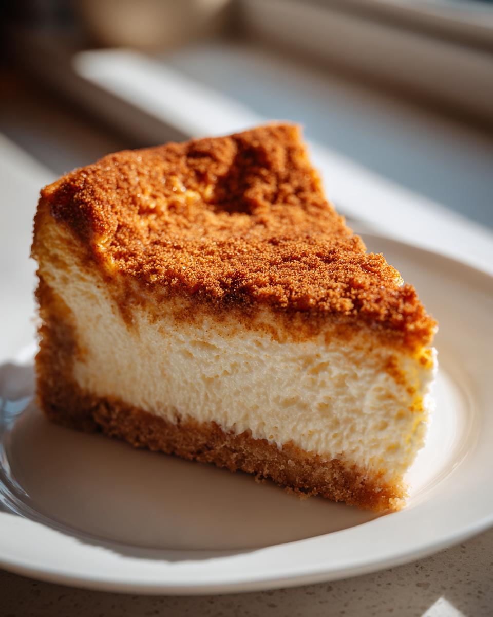 A close-up of a perfect slice of snickerdoodle cheesecake on a white plate, featuring a creamy filling and a thick cinnamon-sugar topping.