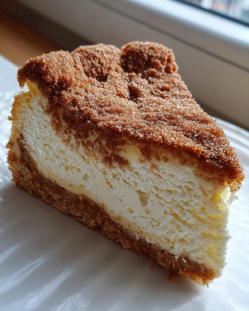 A close-up slice of rich snickerdoodle cheesecake featuring a thick, creamy filling and a heavy cinnamon-sugar topping.