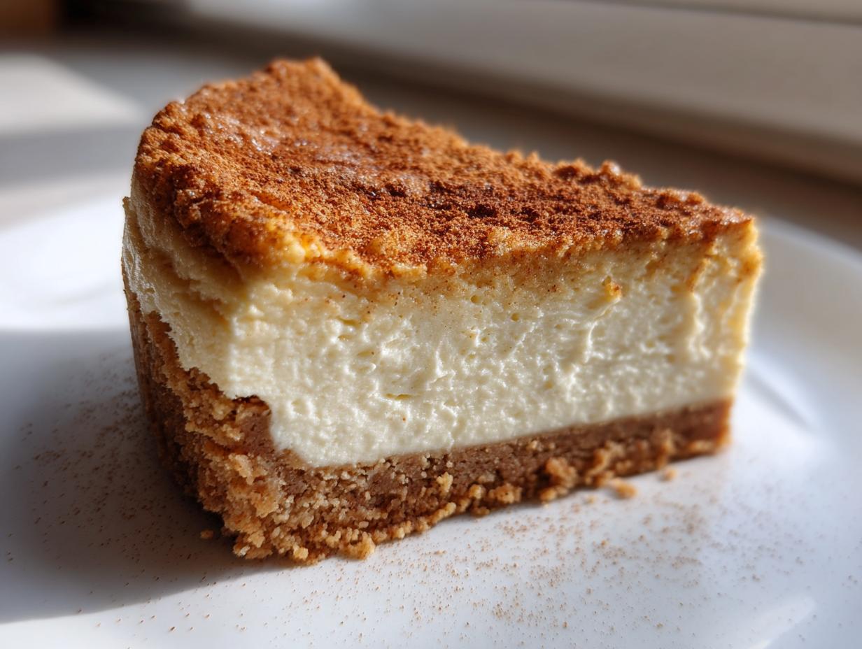 Close-up of a perfect slice of snickerdoodle cheesecake showing the creamy filling and cinnamon-dusted top.