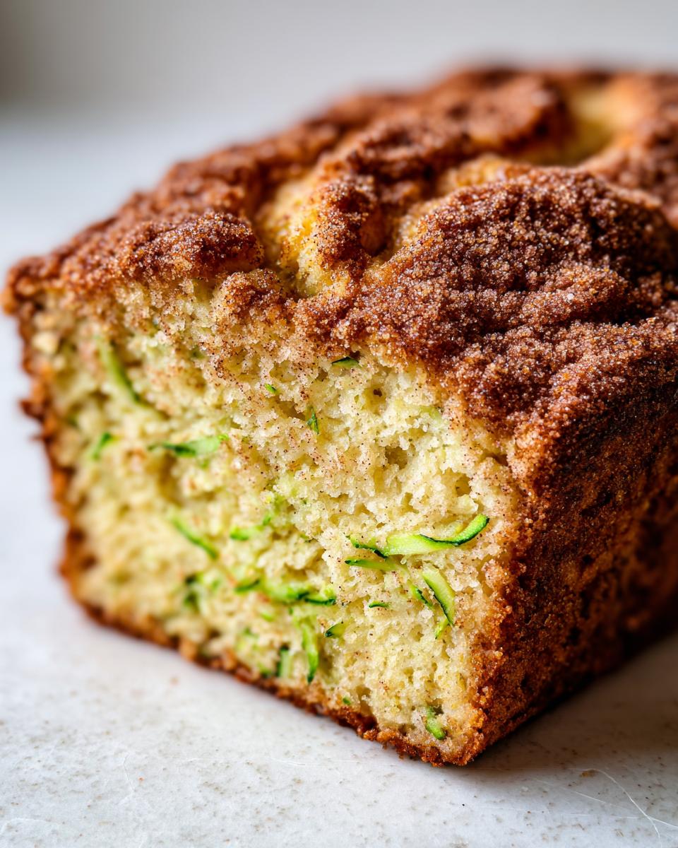 A close-up cross-section of moist snickerdoodle zucchini bread showing shredded green zucchini and a thick, sugary cinnamon topping.