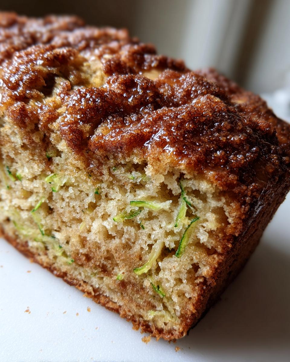 Close-up of a slice of moist snickerdoodle zucchini bread showing shredded zucchini and a glistening cinnamon-sugar topping.