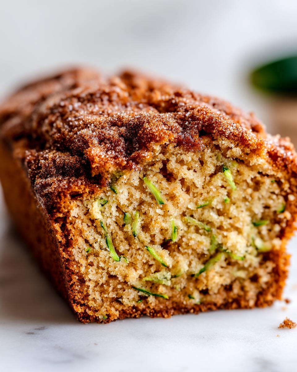 A close-up, cross-section view of moist snickerdoodle zucchini bread topped with cinnamon sugar.