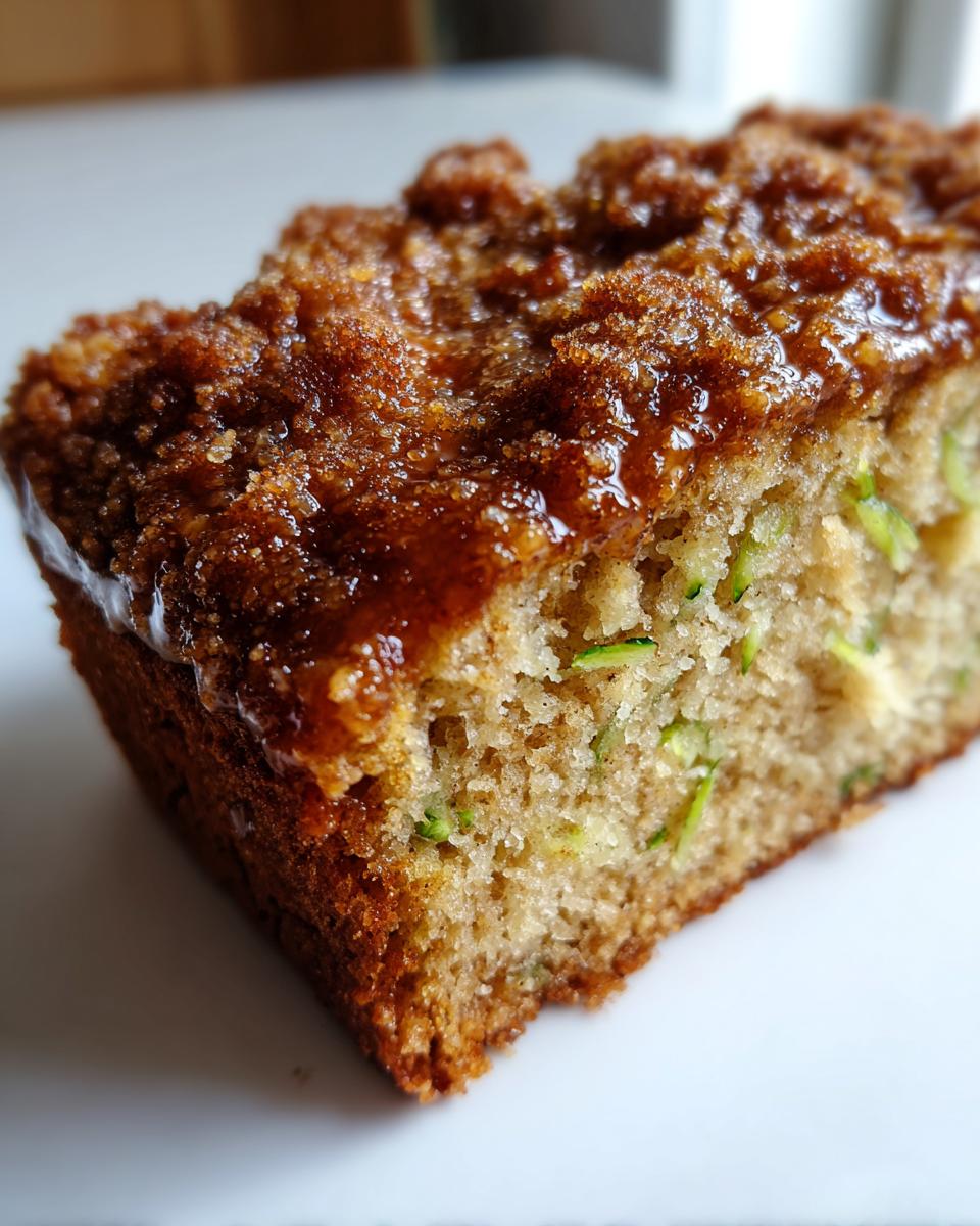 A close-up slice of moist snickerdoodle zucchini bread featuring visible shreds of green zucchini and a thick, glossy cinnamon-sugar crumb topping.