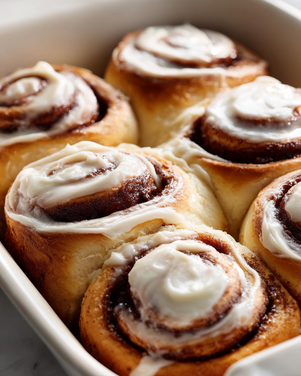 A close-up shot of several freshly baked, gooey cinnamon buns topped with thick white cream cheese icing in a white baking dish.