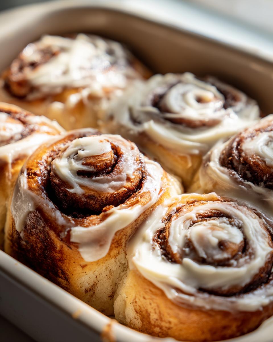 Close-up of freshly baked, soft and gooey cinnamon buns topped with thick white icing in a baking dish.