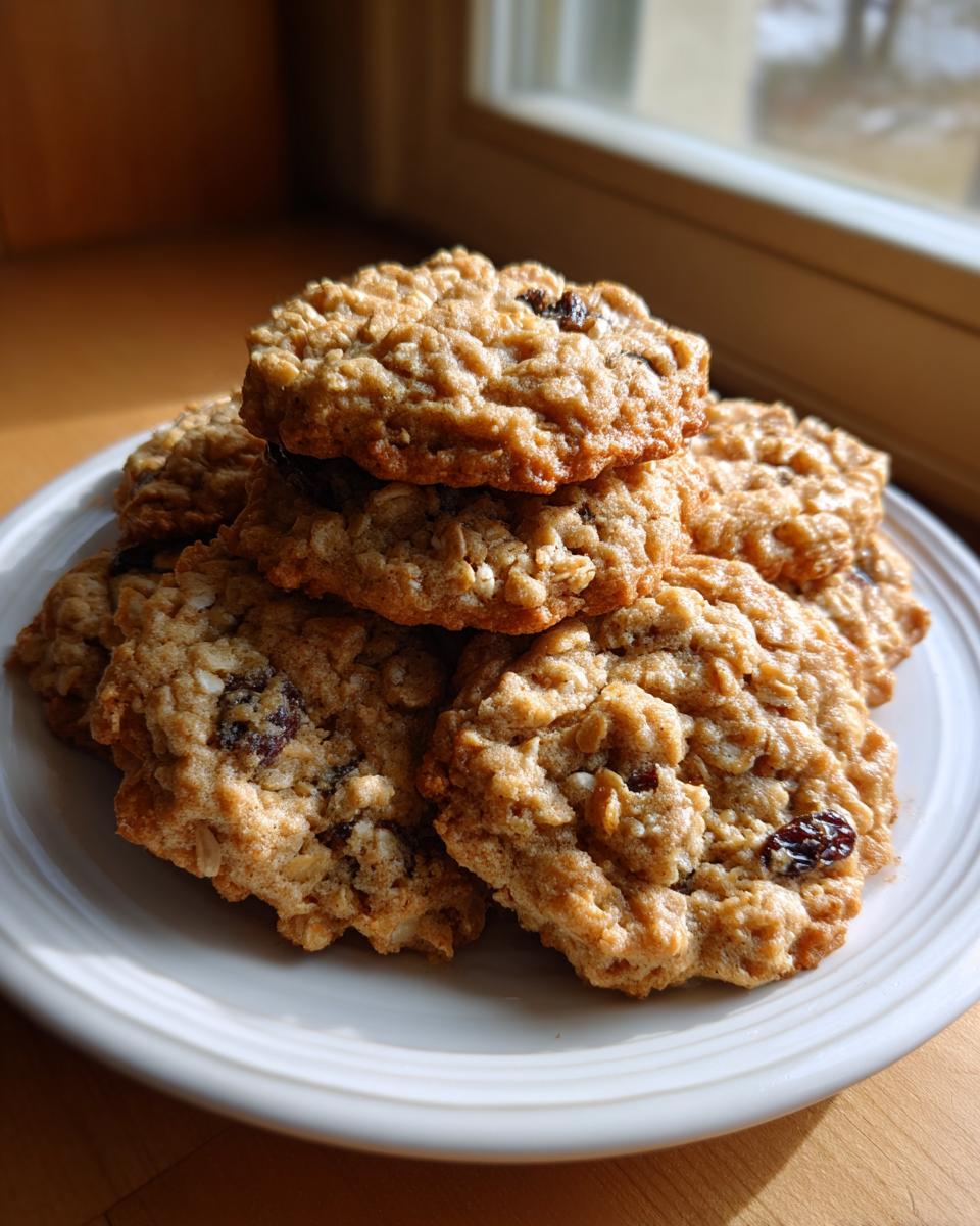 A stack of freshly baked, soft oatmeal cookies with visible raisins resting on a white plate near a window.