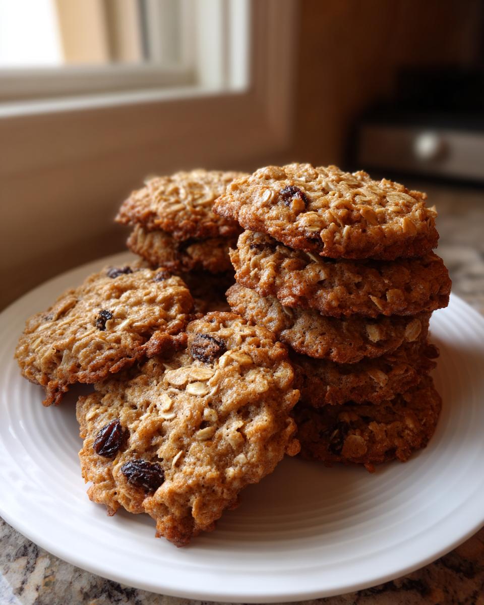 A tempting stack of soft oatmeal cookies filled with raisins resting on a white plate.