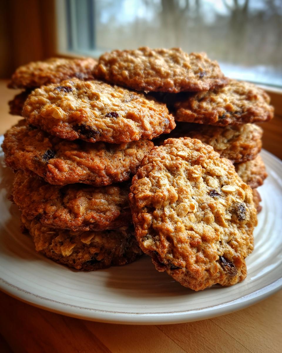 A tall stack of freshly baked, soft oatmeal cookies with visible raisins on a light plate.