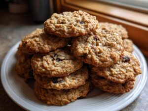 A tempting stack of freshly baked, soft oatmeal cookies with visible raisins piled high on a white plate.