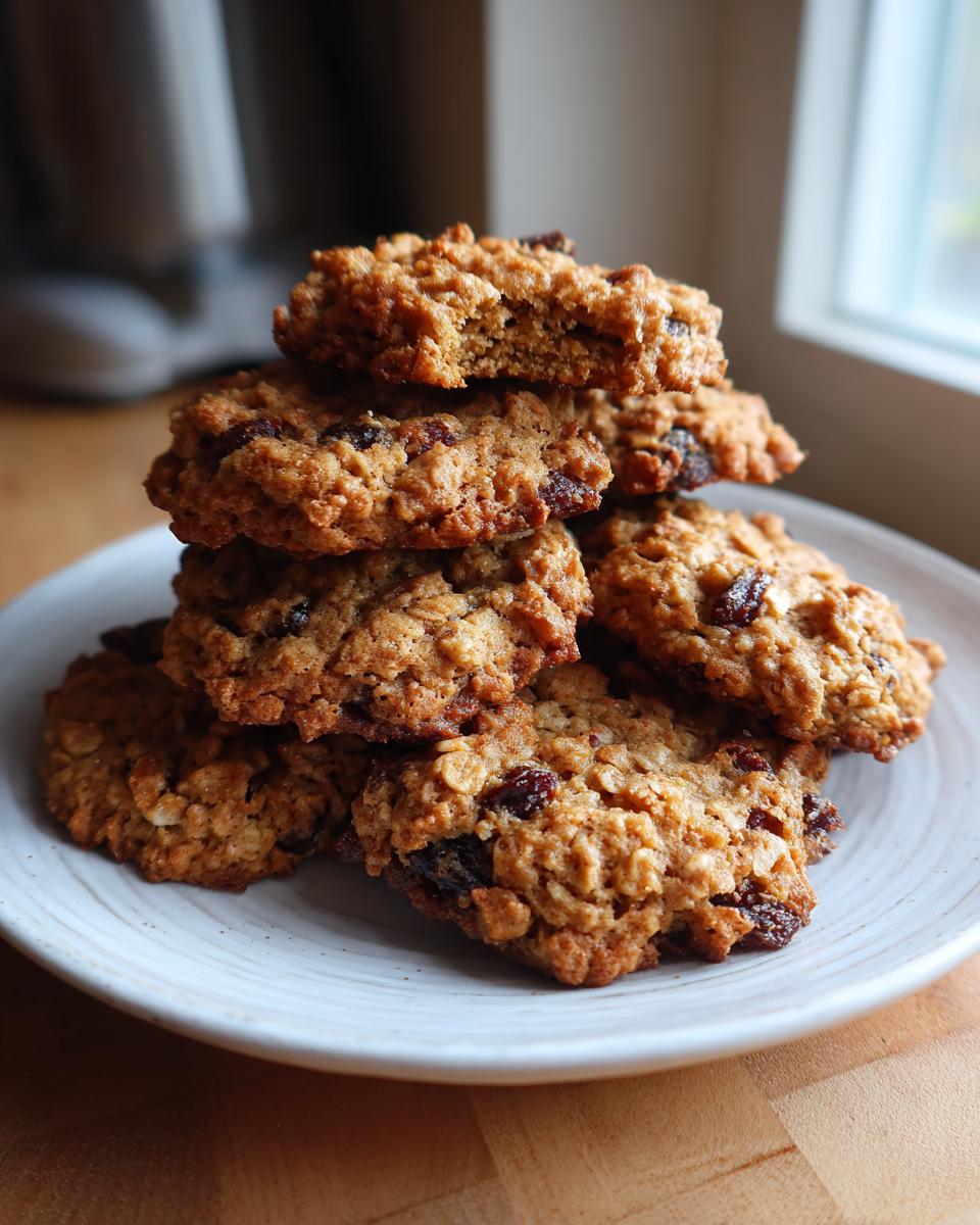 A tempting stack of freshly baked, soft oatmeal cookies loaded with raisins, resting on a white plate.