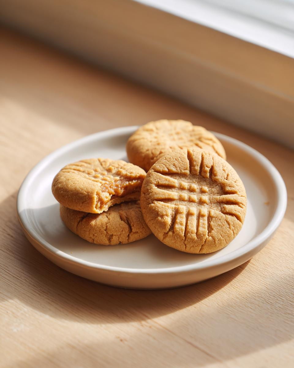 Four soft peanut butter cookies, one with a bite taken out, displayed on a small white plate.
