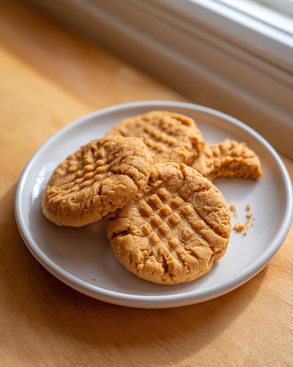 Three soft peanut butter cookies with classic crosshatch fork marks resting on a small white plate.