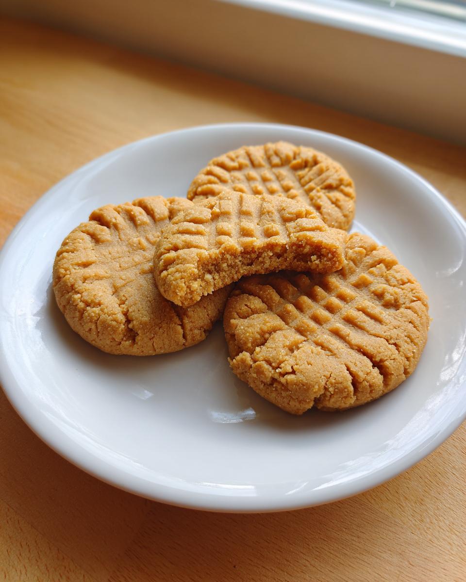 A close-up of three soft peanut butter cookies, one broken in half, showing the texture.