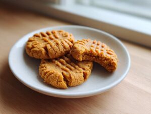 Three soft peanut butter cookies with classic fork marks, one of which is bitten, resting on a small white plate.