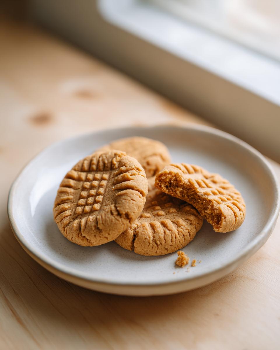A close-up of soft peanut butter cookies with classic fork marks on a light plate, one cookie is broken in half.