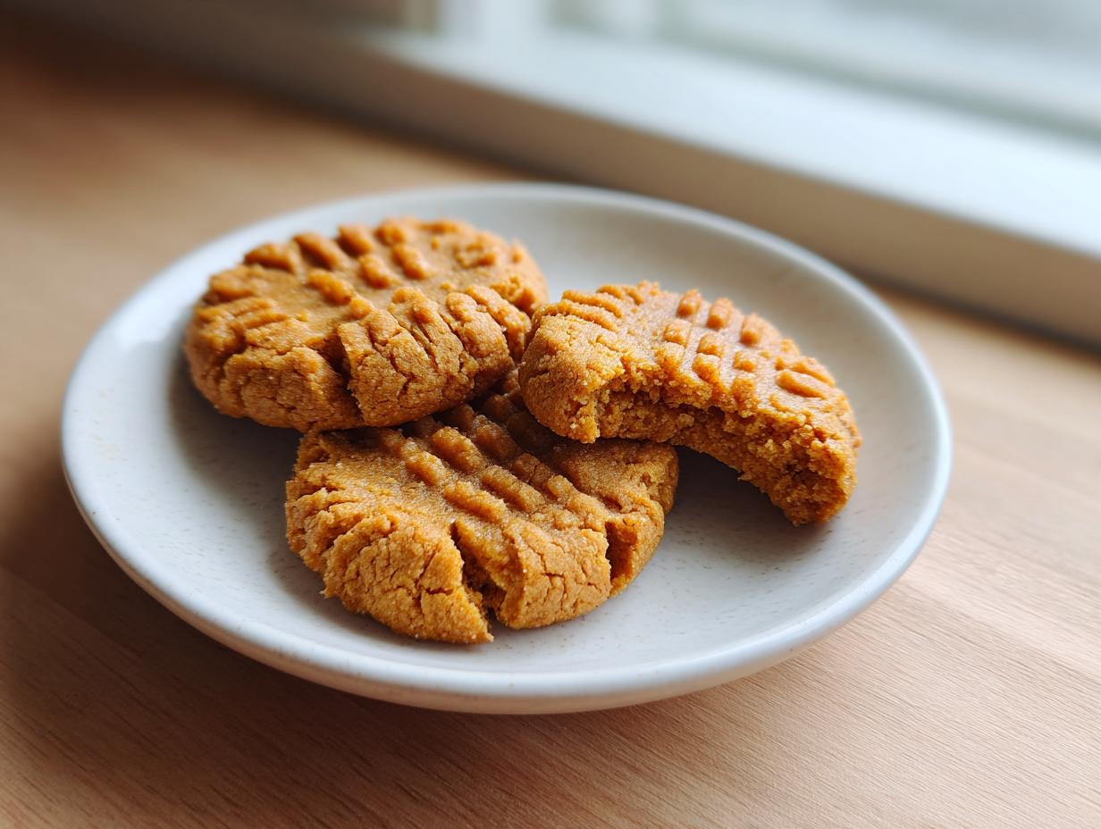 Three soft peanut butter cookies with classic fork marks, one of which is bitten, resting on a small white plate.