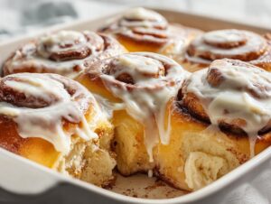 Close-up of several gooey sourdough discard cinnamon rolls topped with thick white icing in a baking dish.