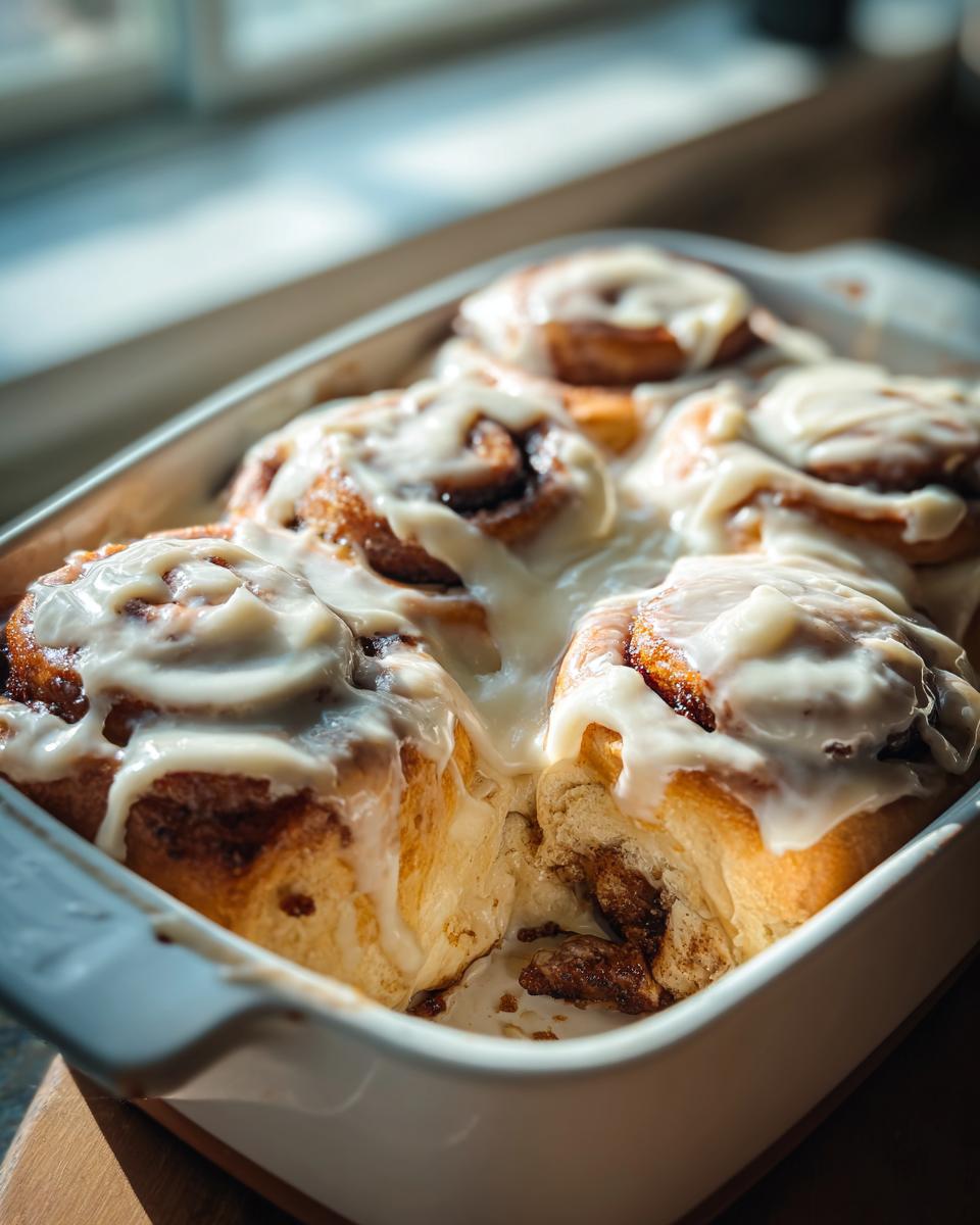 Close-up of freshly baked sourdough discard cinnamon rolls dripping with white cream cheese icing in a white baking dish.